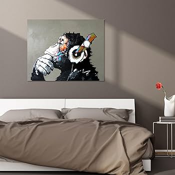 Amazon.co.jp: Fokenzary手書き 絵画 壁掛け油彩画音楽を聴く猿
